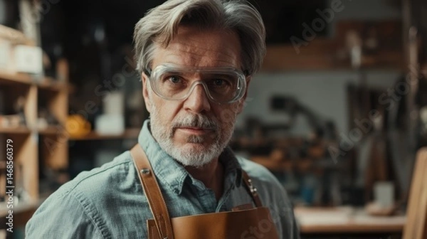 Fototapeta Focused Middle-Aged Craftsman in Workshop with Safety Glasses and Leather Apron Capturing Passion for Woodworking and Craftsmanship