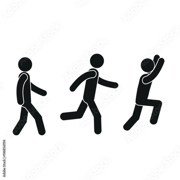 Fototapeta a set of people in different poses, a man walking, running, jumping, pictogram, stick, isolated man on a white background, flat vector illustration