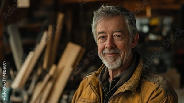 Fototapeta Portrait of smiling elderly craftsman in workshop surrounded by woodworking tools and timber, showcasing skill and passion for craftsmanship in natural light
