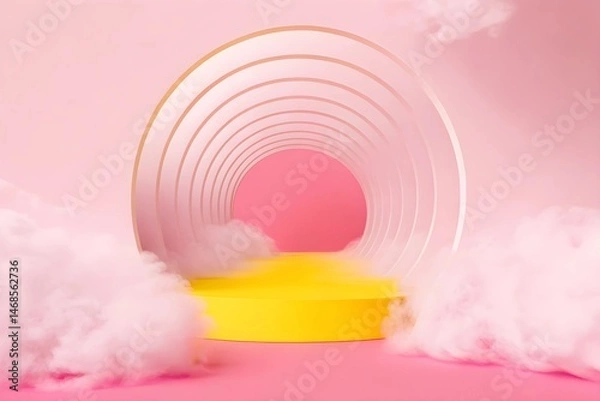 Fototapeta 3d render, abstract minimal background with white clouds flying out the tunnel