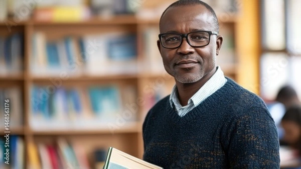 Fototapeta Thoughtful male educator holding a book while standing in a library with shelves filled with books and students in the background, engaging in learning