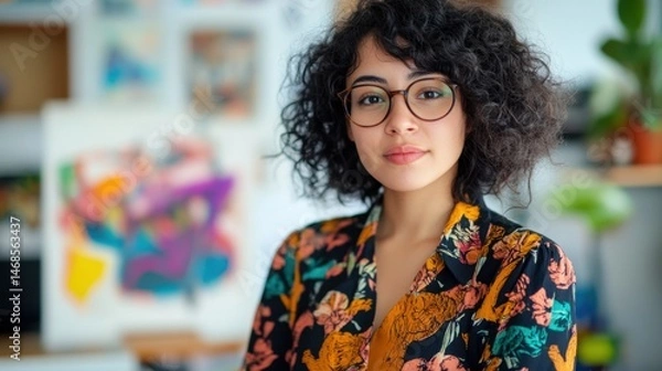 Obraz Confident Young Woman with Curly Hair and Glasses in Colorful Floral Shirt Posing in a Bright Creative Space with Abstract Art Background