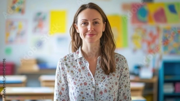 Obraz Young female teacher smiling in a bright classroom surrounded by colorful artwork and educational materials, promoting a positive learning environment.