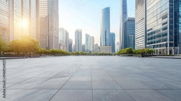 Fototapeta A large plaza with skyscrapers and trees on a sunny day