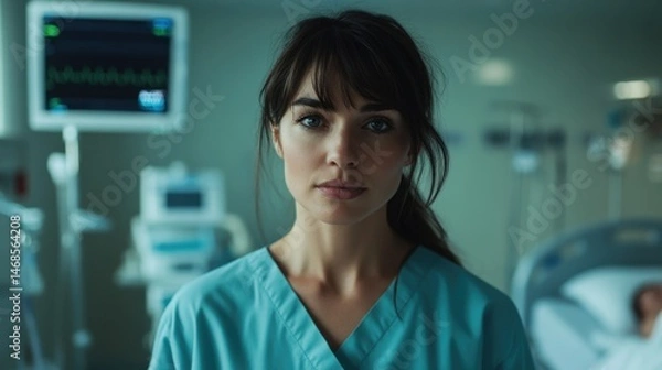 Obraz Intense Nurse in Scrubs Stands in Modern Hospital Room with Medical Equipment in Background, Expressing Professional Commitment and Care