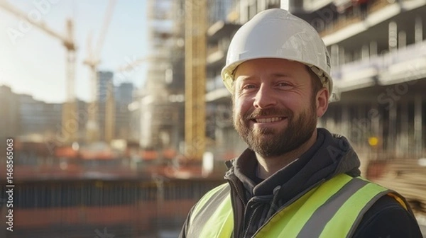 Fototapeta Smiling construction worker in hard hat and safety vest on active building site with cranes and scaffolding in the background during sunny day