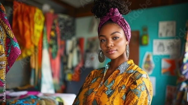 Obraz Beautiful young woman wearing a vibrant headwrap and colorful shirt in an artistic room filled with fabric patterns and cultural artwork