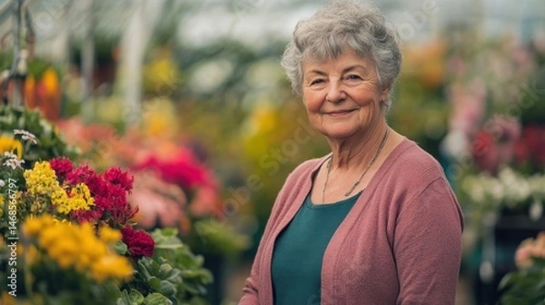 Fototapeta Senior woman smiling in a colorful flower greenhouse surrounded by blooming plants and vibrant floral arrangements in natural light