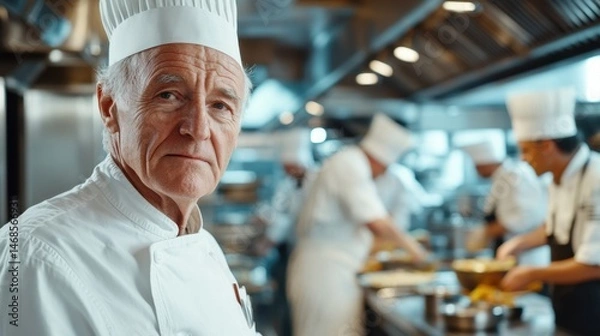 Obraz Senior chef overseeing kitchen staff in busy restaurant environment, showcasing culinary skills and dedication to food preparation and presentation