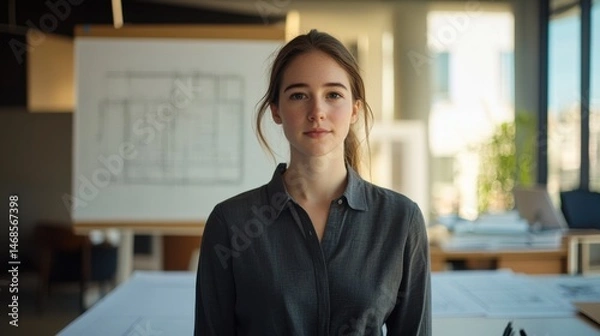 Fototapeta Young woman in a modern office environment, standing confidently in front of architectural blueprints with natural light illuminating the space