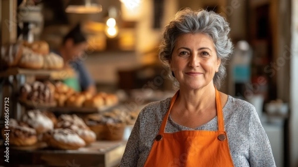 Obraz Smiling mature woman in orange apron stands proudly in bakery with fresh pastries and bread displayed in background, showcasing her passion for baking