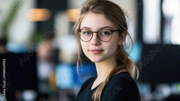 Obraz Young woman with glasses in modern office environment looking confidently at the camera, showcasing a contemporary workspace and professional attitude