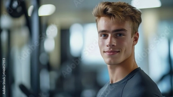 Fototapeta Young Athletic Man in Gym Smiling at Camera with Fitness Equipment in Background for Health and Wellness Promotion