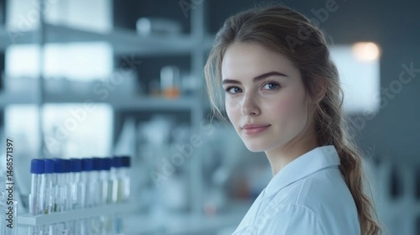 Obraz Beautiful Female Scientist in Laboratory with Test Tubes and Laboratory Equipment, Bright Background, Scientific Research and Experimentation Concept