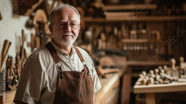 Fototapeta Elderly craftsman in workshop surrounded by tools showcasing passion for woodworking and artistry with warm lighting and detailed craftsmanship in focus