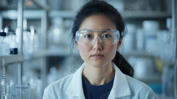 Fototapeta Female Scientist in Laboratory with Safety Glasses, Serious Expression, Focused on Research and Experiments, Professional Environment, Healthcare and Science Background