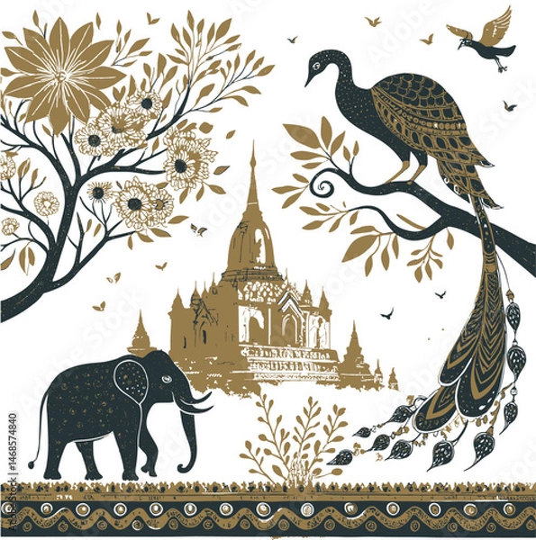 Fototapeta Oriental Black and Gold Designs, vibrant nature and architecture featuring an elephant and a peacock. Commercial use