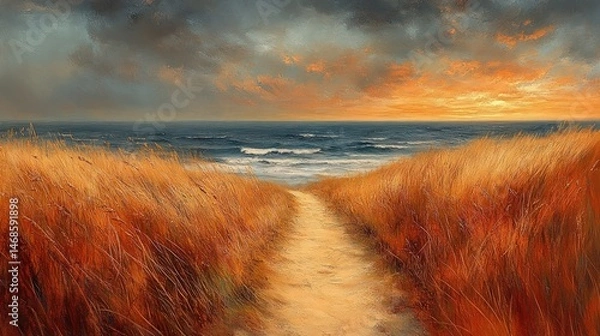 Fototapeta Coastal path at sunset through golden grass