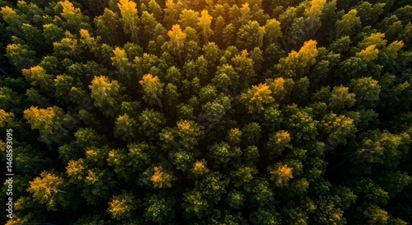 Fototapeta Aerial View of Vibrant Green and Yellow Trees in a Tranquil Forest During Autumn Season