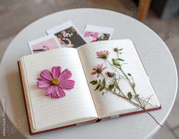 Obraz Dried pressed flowers on open journal, nostalgic flat lay composition