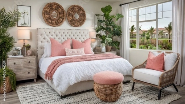 Obraz Elegant Bedroom Interior Design with Pink and White Decor
