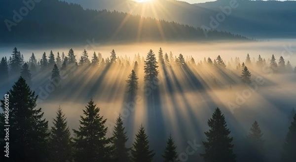 Fototapeta Majestic Dawn in Misty Forest with Sunlight Breaking Through Fog and Pine Trees