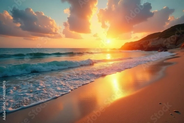 Obraz Golden sunrise paints the sky over a tranquil beach, calm waves lapping the shore Soft light illuminates the sand , seashore, idyllic, sand