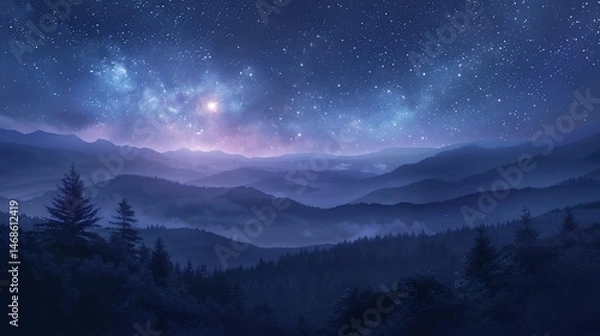 Fototapeta Misty mountain range under a starry night sky