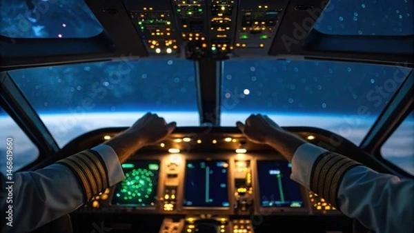 Fototapeta Pilot's hands on controls in a cockpit, with a view of Earth from space, showcasing advanced technology and the vastness of the universe.