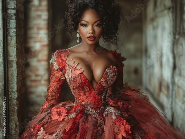 Fototapeta Elegant woman in a vibrant floral gown poses in a rustic, abandoned building