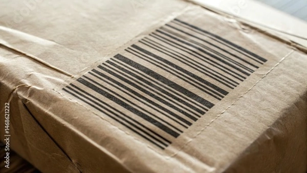 Fototapeta Close-up of a cardboard package featuring a barcode, highlighting shipping and inventory management aspects.