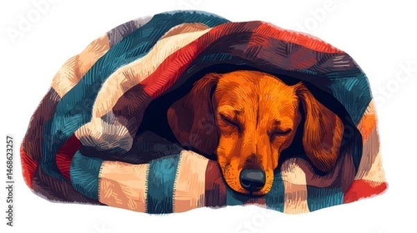 Obraz A dachshund burrowed in a pile of blankets