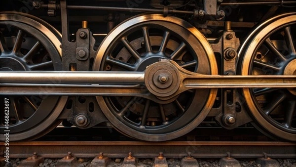 Fototapeta Close-up of vintage train wheels showcasing intricate metal mechanics and engineering details.
