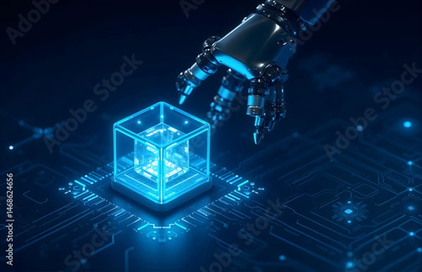 Obraz Robotic Arm Interacting with a Digital Cube in a Tech - Inspired Scene