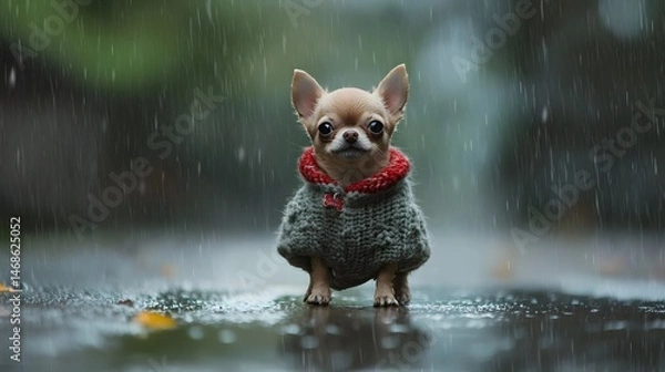 Obraz A tiny chihuahua wearing a cozy sweater on a rainy day