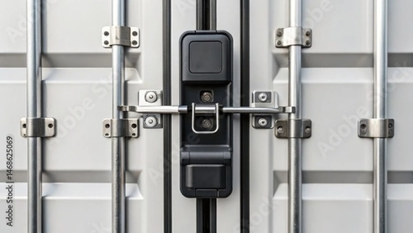 Fototapeta Metallic lock and latch on a shipping container, showcasing industrial design and security features.