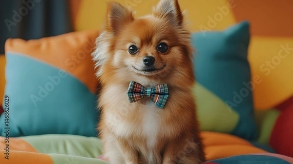 Obraz A pomeranian with a bow tie sitting on a colorful cushion