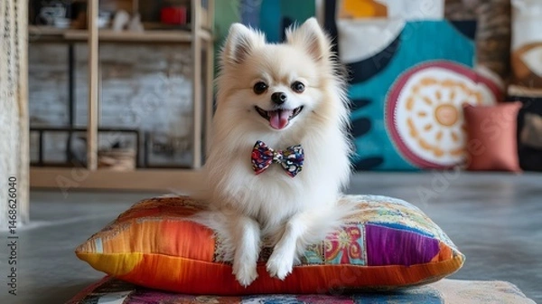 Obraz A pomeranian with a bow tie sitting on a colorful cushion