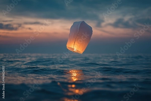 Fototapeta Floating paper lantern in twilight ocean scene serene atmosphere aesthetic viewpoint dreamy concept