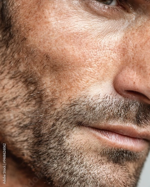 Obraz Close-up of male skin with visible pores and stubble. Clean background, natural medical light.