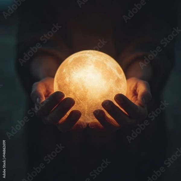 Fototapeta Illuminating sphere of light held in hands mysterious environment closeup perspective for creative inspiration