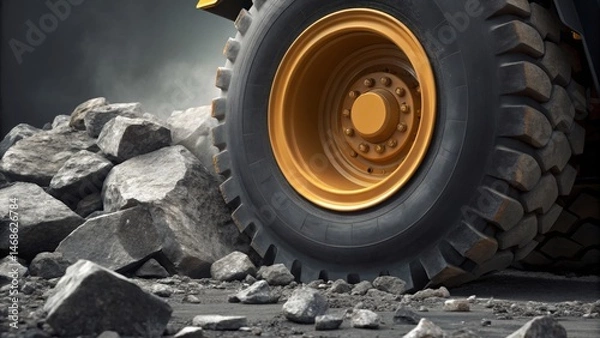 Fototapeta Close-up of a heavy machinery tire resting on a rocky surface, highlighting industrial strength and rugged terrain.