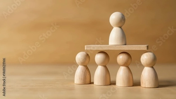Fototapeta Wooden figures represent leadership and teamwork, a concept of shared responsibility and collaborative effort, symbolizing unity and mutual support.