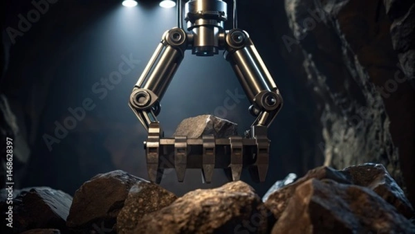 Fototapeta A mechanical claw lifts a rock in a dimly lit environment, showcasing advanced technology in mining or excavation.