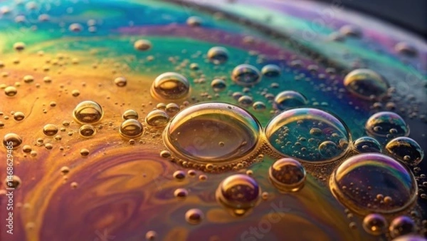 Fototapeta Colorful soap bubbles create a mesmerizing, iridescent pattern, showcasing intricate details and vibrant reflections.