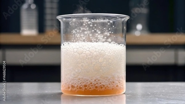 Fototapeta A beaker filled with bubbling liquid, emitting steam, set against a blurred laboratory background.