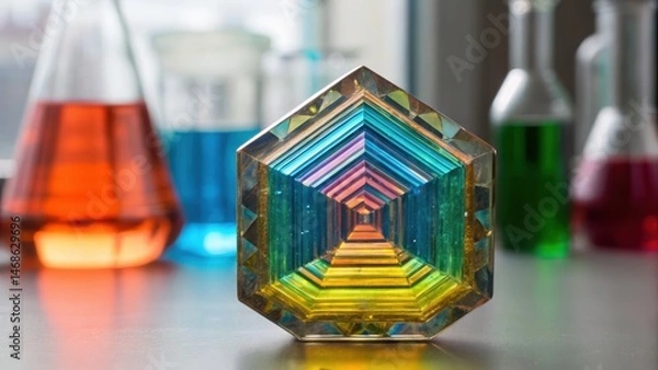 Fototapeta A colorful glass prism reflecting light with laboratory beakers filled with liquids in the background.