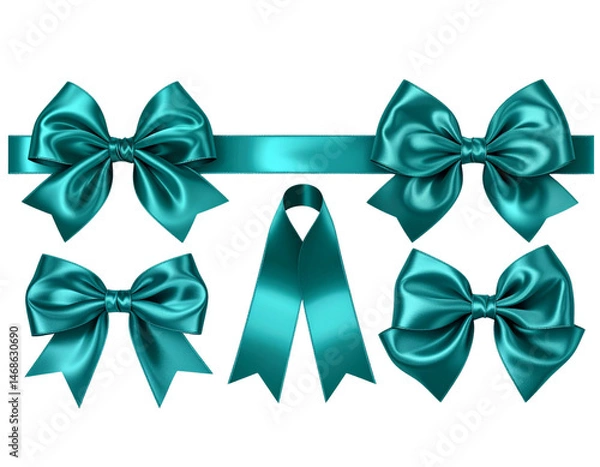 Obraz  Minimalist Teal Decorative Bow in Silk Texture, isolated on transparent background PNG