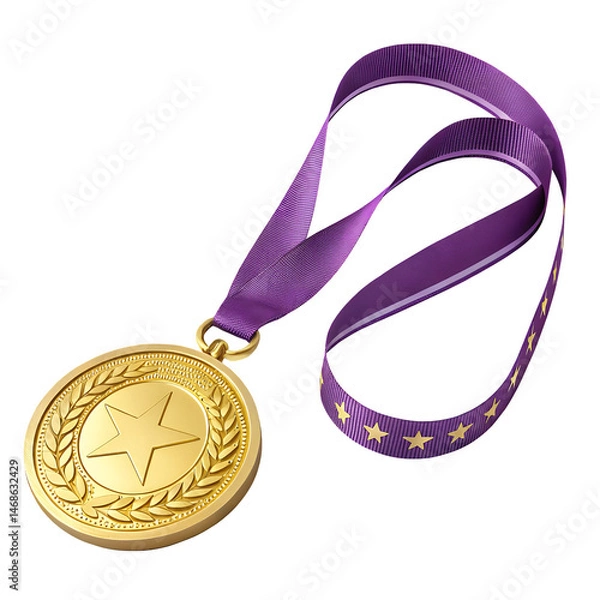 Fototapeta Golden Award with Elegance: A gleaming golden medal with a star emblem and laurel wreath, suspended gracefully from a rich purple ribbon, symbolizes achievement, victory, and recognition. 