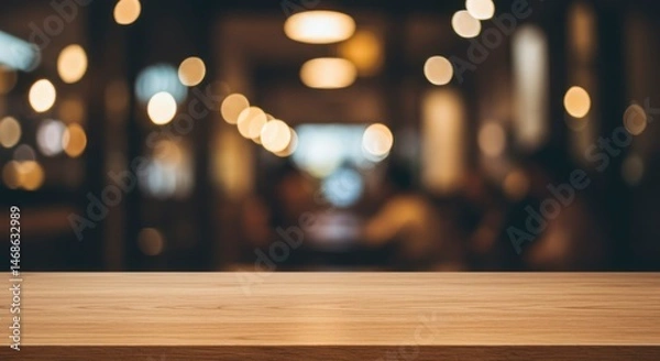 Obraz Empty wooden table in a blurred cafe